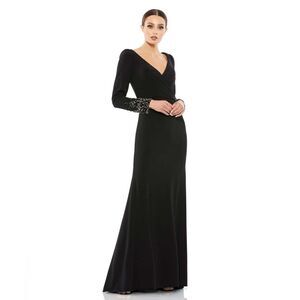 Mac Duggal 55712 Beaded cuffs long sleeve wrap over trumpet black gown 12 $398